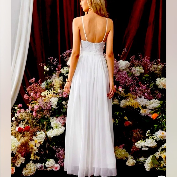 BELLE-APPLIQUÉS LEAF EMBROIDERY MESH INSERT SPLIT THIGH CHIFFON WEDDING DRESS XL - Picture 2 of 8